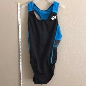 blue and black GK gymnastics leotard